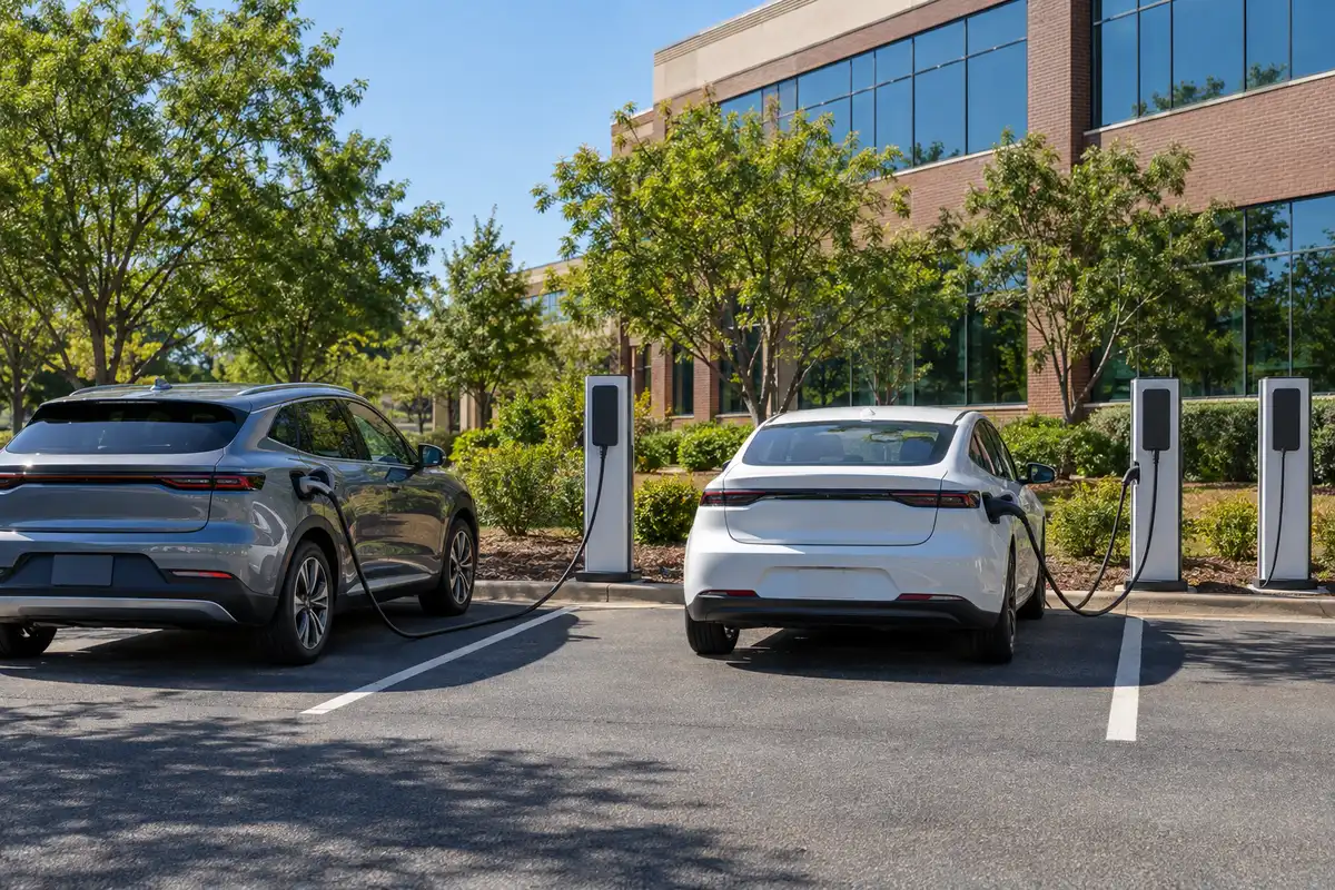 Two electric cars charging at Level 2 stations outside a brick office building
